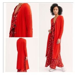 Free People Skinny Mini Midi Cardi Red Orange Ribbed Long Duster Size Medium